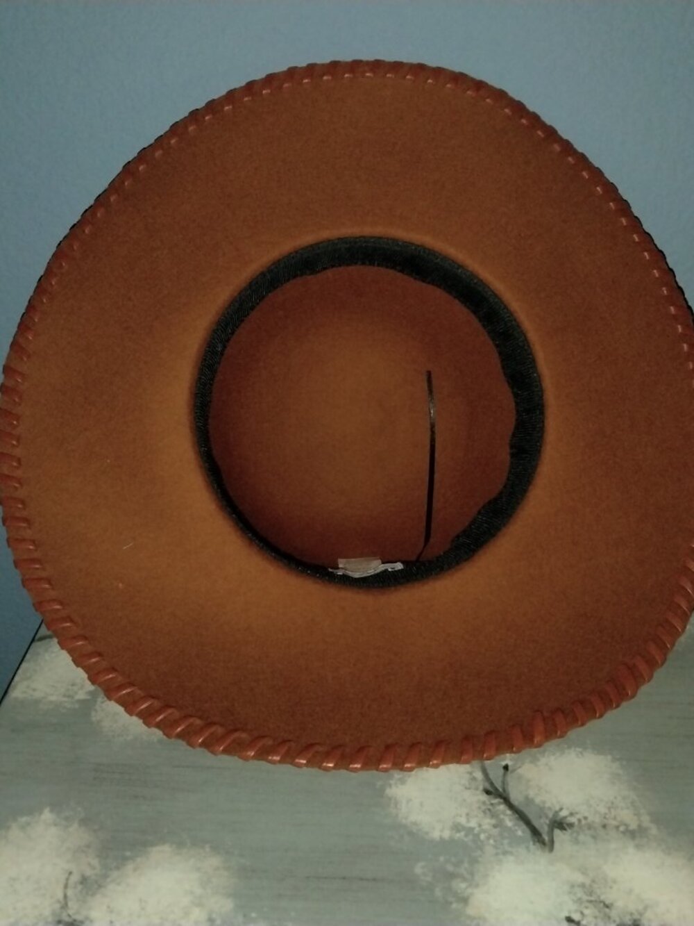 Wide Brim Hat, Cognac Wool with Faux Leather Trim by Phase 3, Boho Chic - Picture 6 of 10